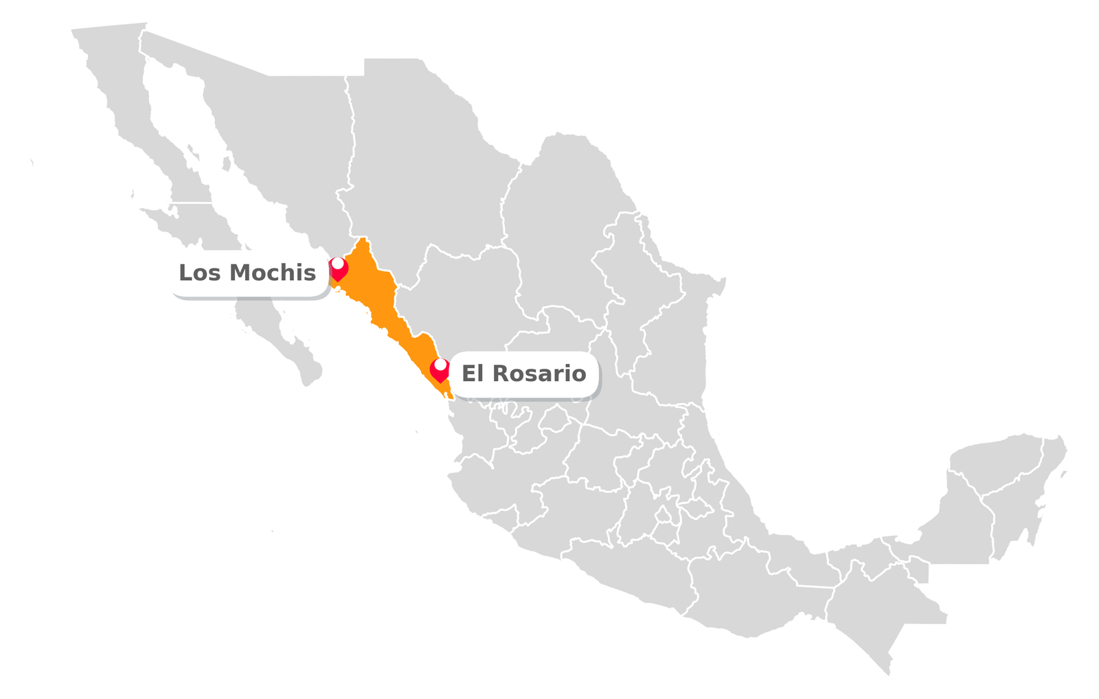 Mapa de México con zonas de producción: Los Mochis y El Rosario, Sinaloa
